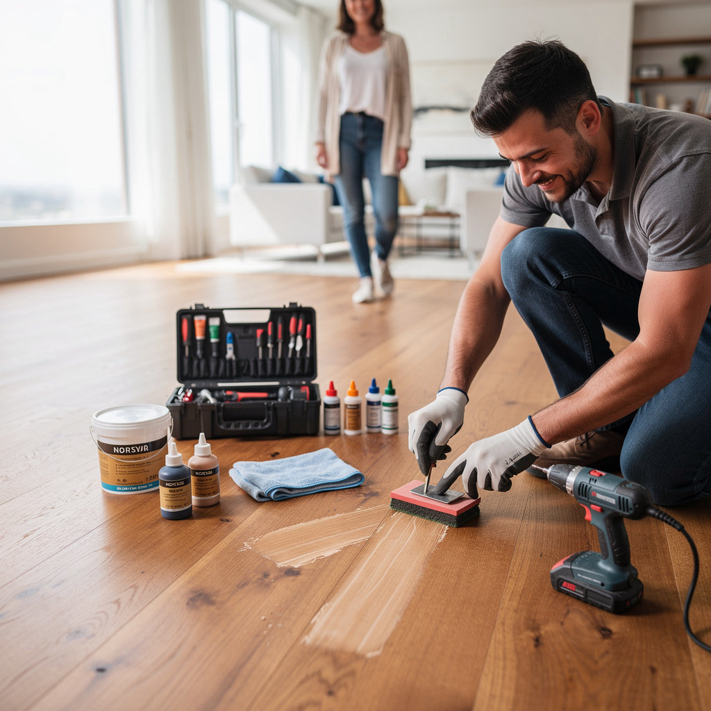 Hardwood Floor Specialist technician performing expert hardwood floor repair in a Rosemead, CA home